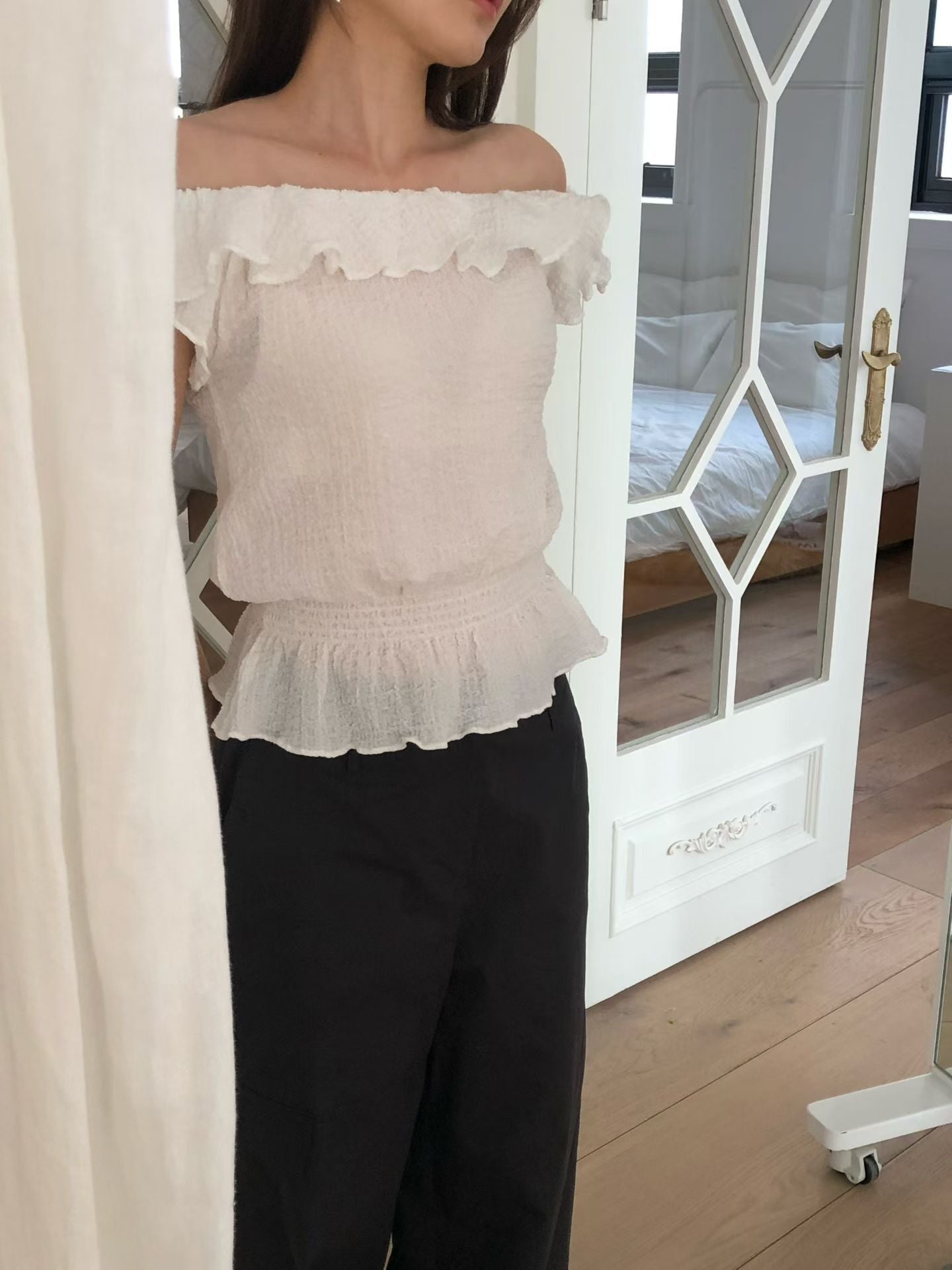 Waffle frill 2way blouse