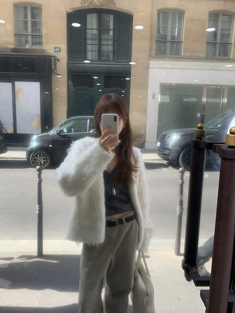 Brushed no-collar cardigan