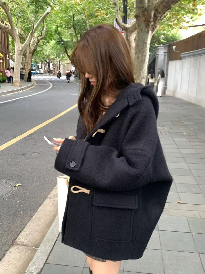 Baby alpaca hoodie duffle coat