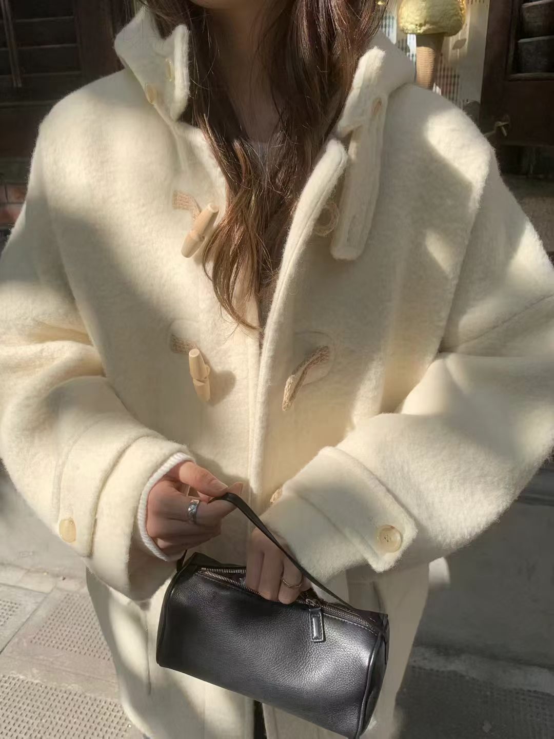 Baby alpaca hoodie duffle coat