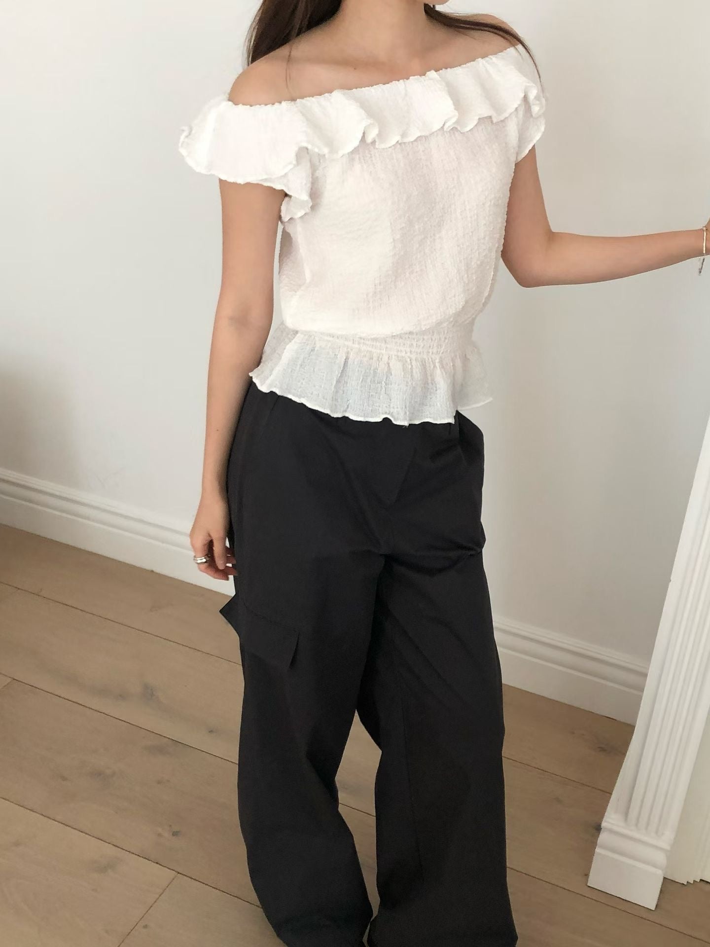Waffle frill 2way blouse