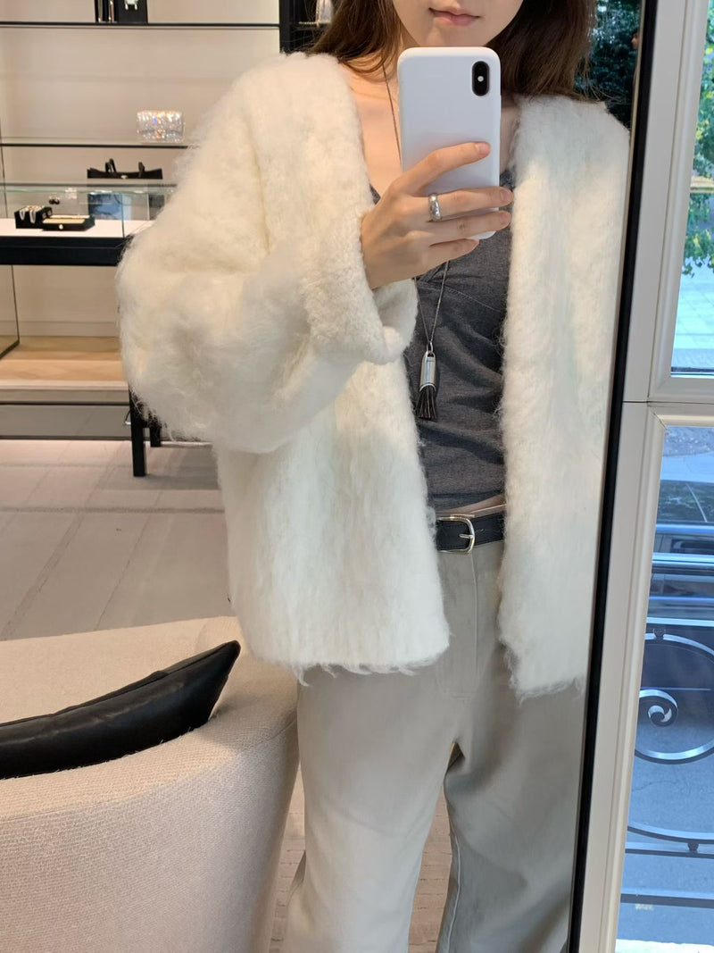 Brushed no-collar cardigan