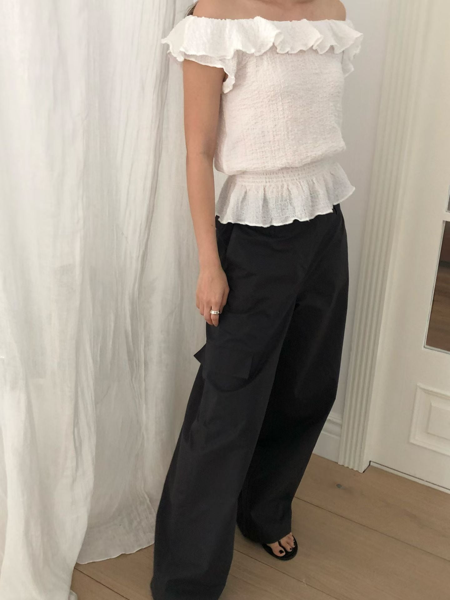 Waffle frill 2way blouse