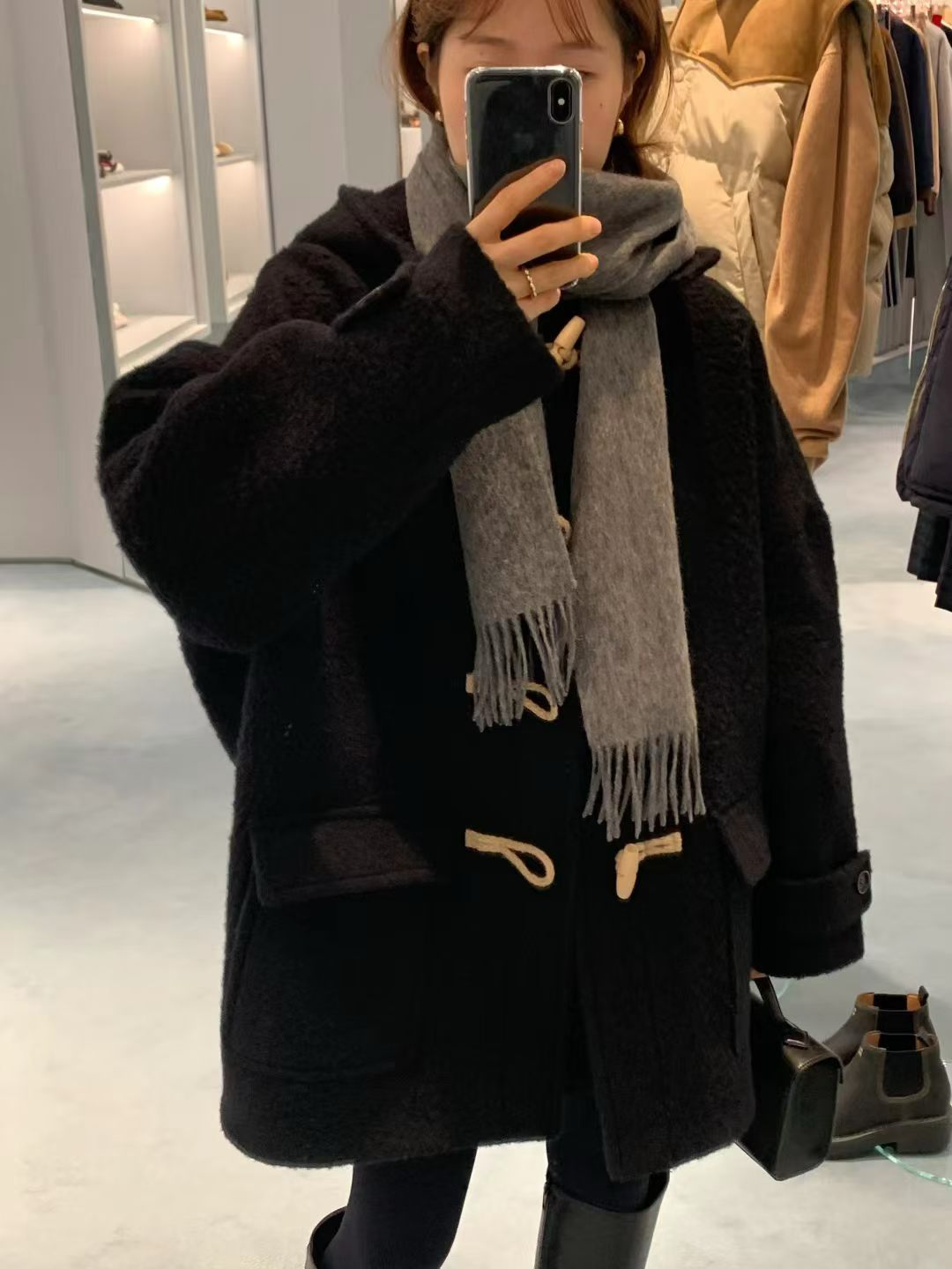 Baby alpaca hoodie duffle coat