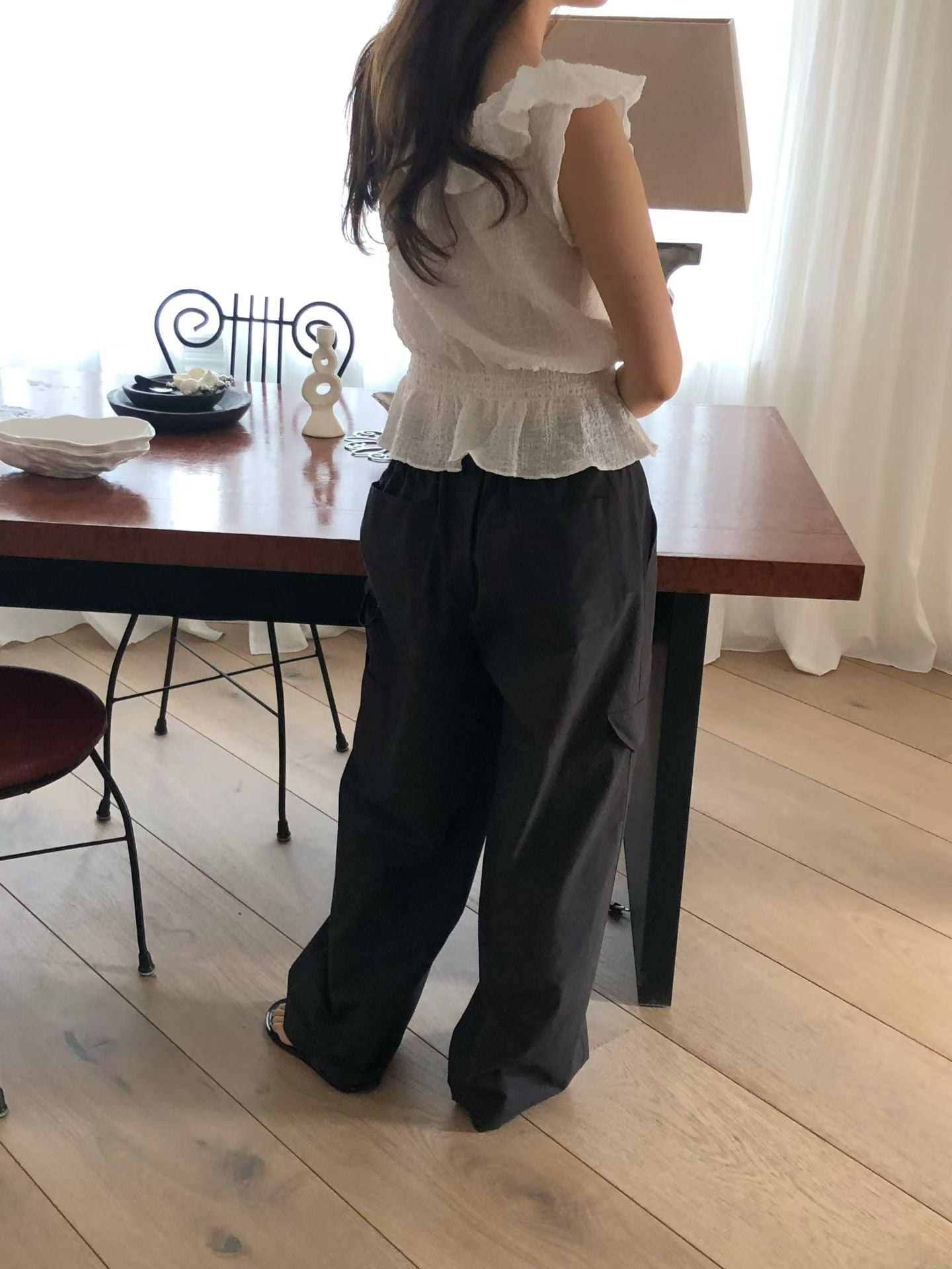 Waffle frill 2way blouse