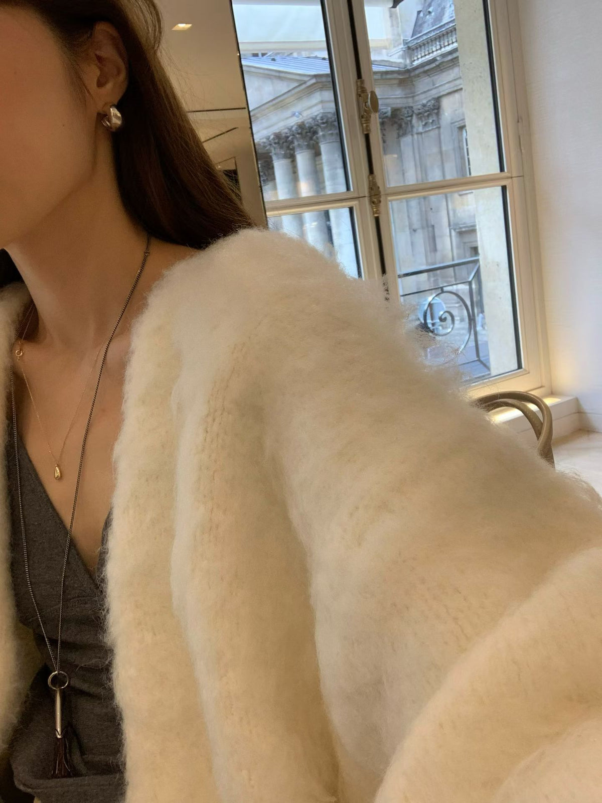 Brushed no-collar cardigan