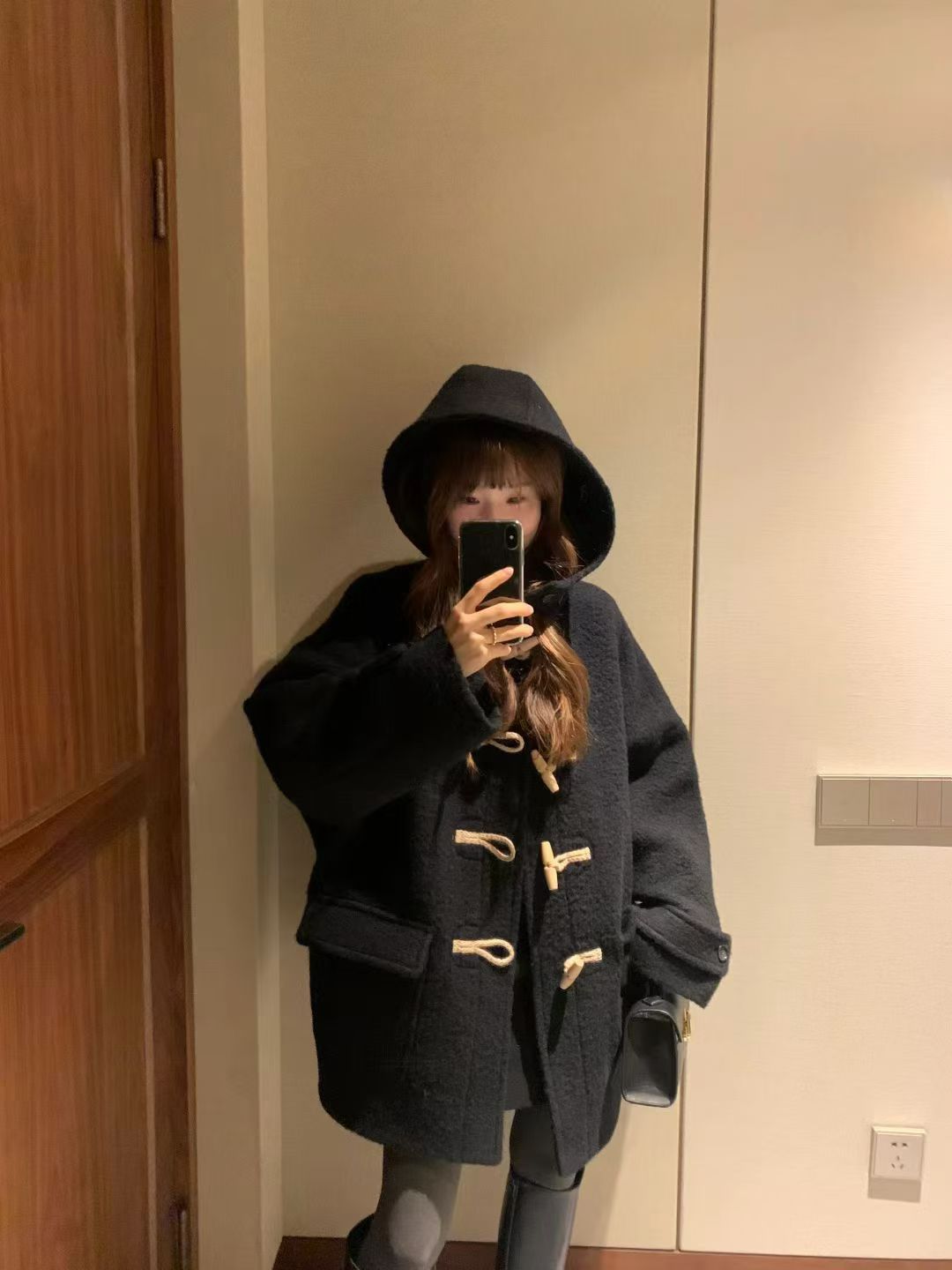 Baby alpaca hoodie duffle coat