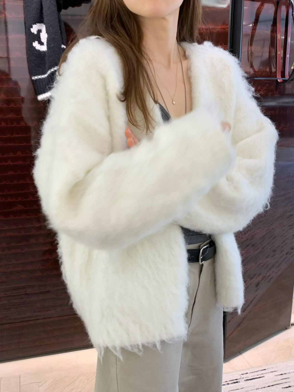 Brushed no-collar cardigan