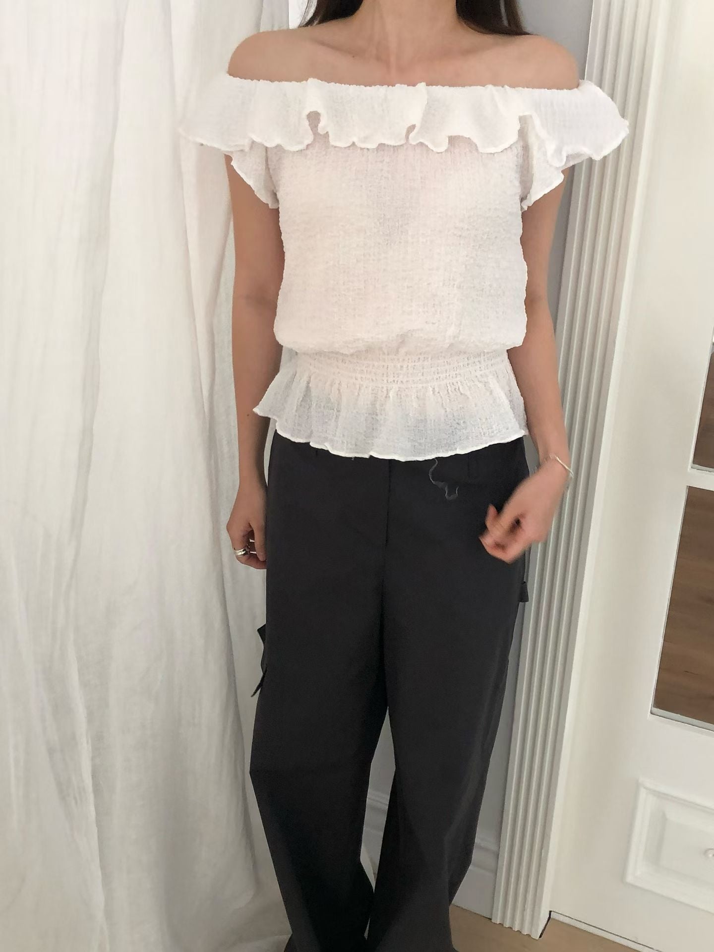 Waffle frill 2way blouse