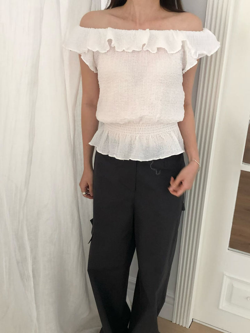 Waffle frill 2way blouse
