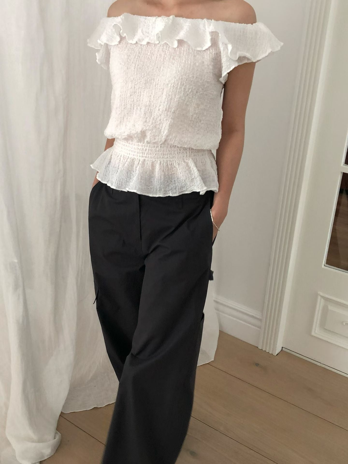 Waffle frill 2way blouse