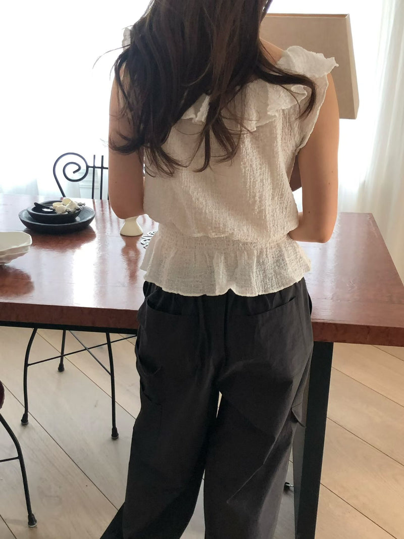 Waffle frill 2way blouse